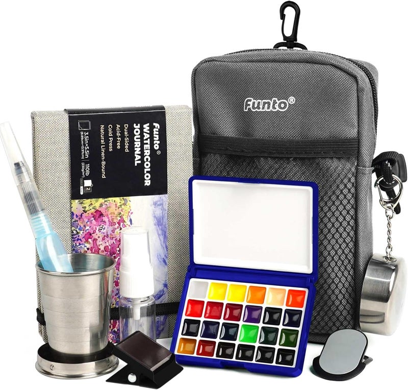 Funto Mini Watercolor Paint Set, All-in-One 24-Color Travel Paint Kit, with Crossbody Bag, Watercolor Journal, Paint Water Cup, Pocket Set for Artists - Image 1